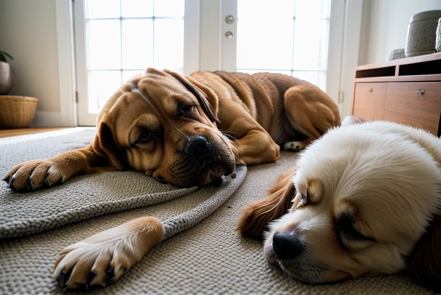 Vieux chien dormant paisiblement sur un tapis dans un salon chaleureux.